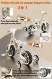 2 in 1 Tricycle with Training Wheels, Ride-on Bike,2 Wheels Balance Bike with Detachable Pedals, PU Wheels, Trike with Music Headlight, Scooter 880 BD130