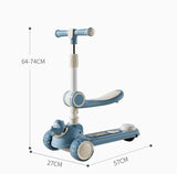 3 Wheel, Adjustable Height Folding Kids Scooty' Kick Scooters With Pedal Foot With Music and Light, and Storage Basket BD210