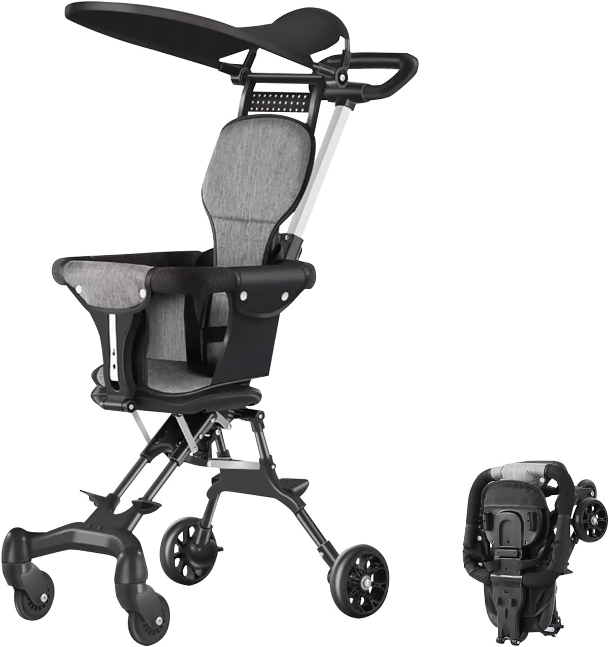 Two-Way Push Compact Stroller, 4-Wheel Anti-Rollover Baby Buggy with Adjustable Canopy, Easy Folding Lightweight Toddler Stroller BD247
