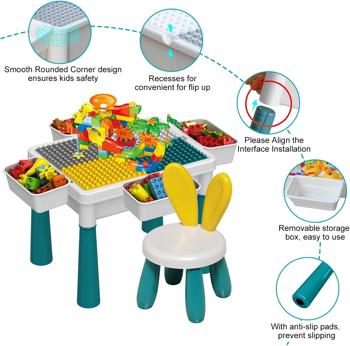 Building Block Table Kids Activity Table, Kids Table Chair Set 2 Storage Boxes 89pcs Set BD0169