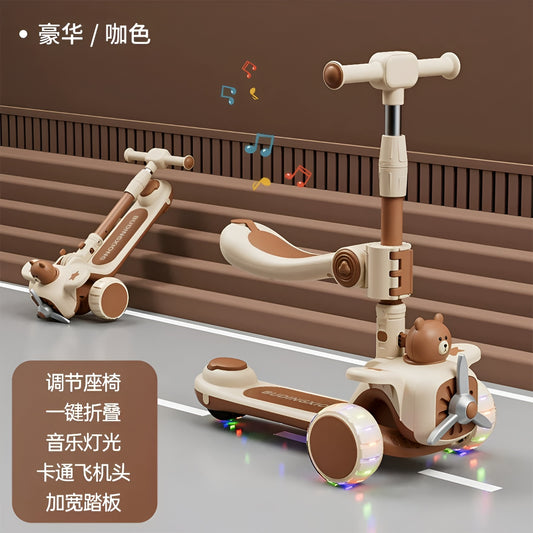 Kids Scooter Foldable Scooter Kick Scooter Toddler Scooter Adjustable Height with Light Up Wheels with Brake s, Music and Seat BD261